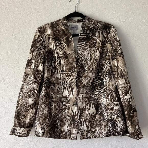Chicos 0 Casual Jacket US Sz Small Brown Geometric Cotton Silk Blend Lined - Picture 1 of 7